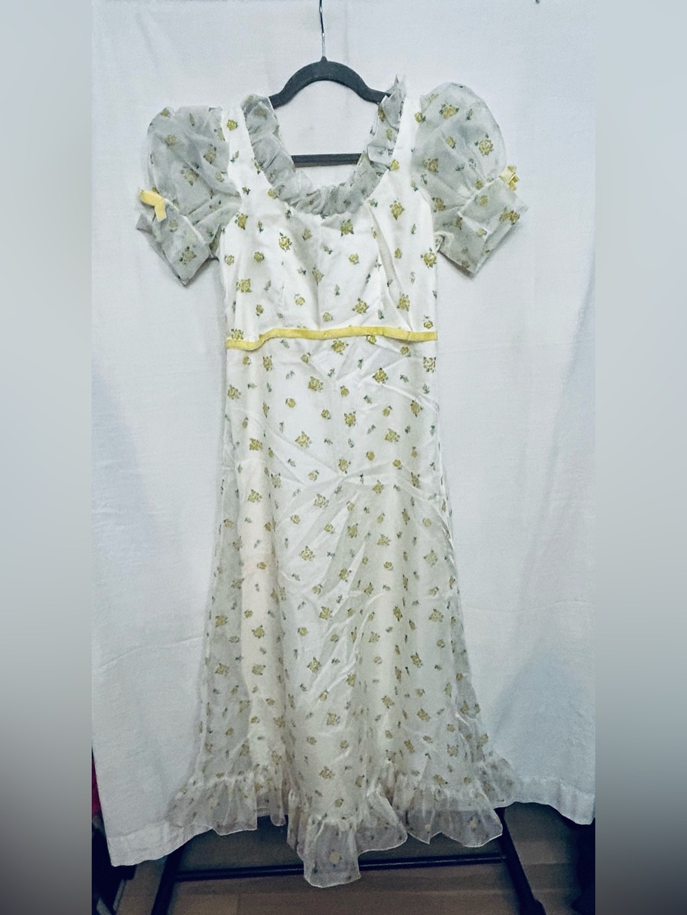 Vintage 1970's Sylvia Ann Sheer Floral Midi Dress with‎ Yellow Velvet Trim